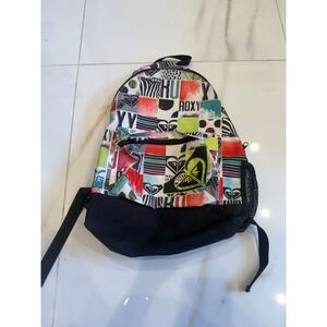 Roxy Backpack Multi Color Geometric Graphic Print School Travel Bag Black Trim